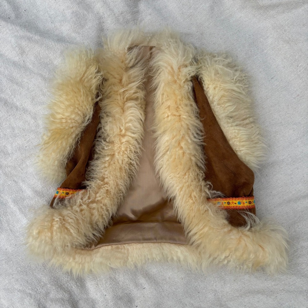 Vintage 70s Kids Suede Faux Fur Vest New Zealand Boho Hippie Brown Cream 4T
